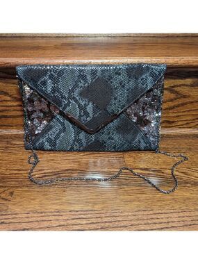 Big Buddha Gunmetal Snakeskin and Sequin Envelope Clutch EUC